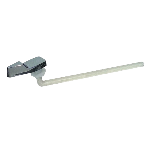 Chrome-plated toilet handle with a white plastic arm designed for Mansfield toilet models in home improvement tasks
