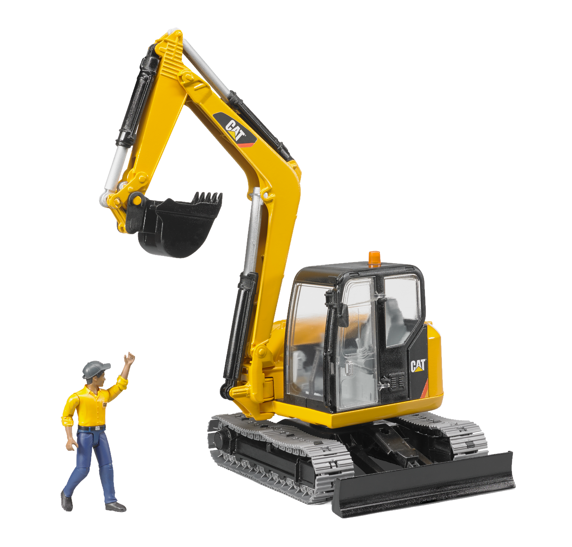 Yellow Bruder Cat mini excavator model with articulated arm and worker figure in Vehicles & Remote Controlled Toys collection