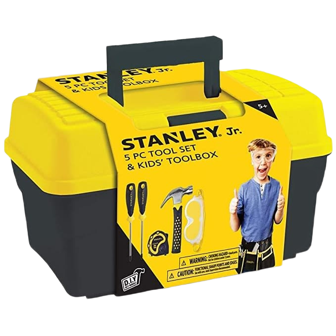 Yellow and black plastic kids toolbox with five child-sized tools for pretend play and home improvement toy sets under $50