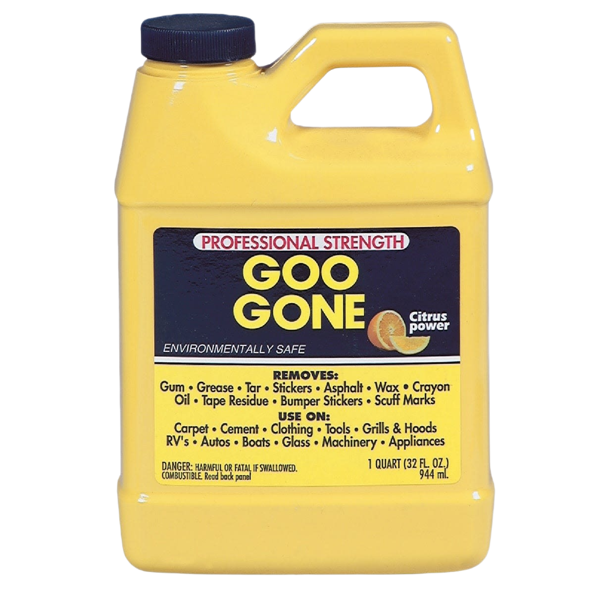 Yellow container of professional strength citrus power cleaner for removing grease, stickers, and grime on various surfaces
