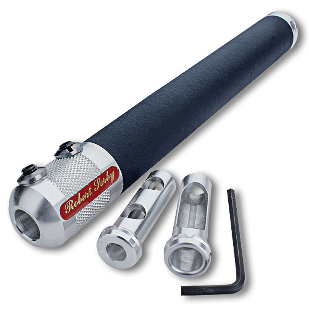 Black handle turning tool with aluminum fittings, two metal chucks, and a hex key for woodworking projects