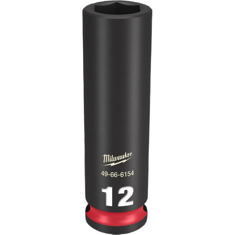 Black 12mm deep 6-point socket with red accent, part of Milwaukee hand tools for home improvement and woodworking collections