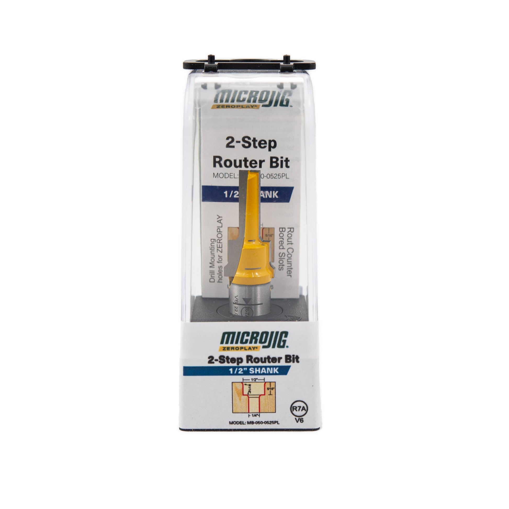 Microjig two-step router bit with 1/2-inch shank in clear plastic case for tool accessories and power tool collections