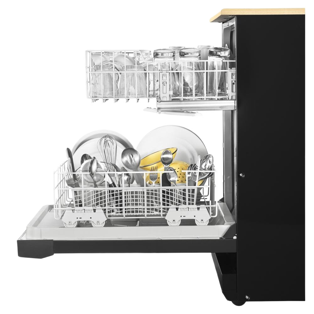 Black heavy-duty dishwasher with open door showing clean dishes and utensils in Kitchen & Kitchenware at Hartville Hardware