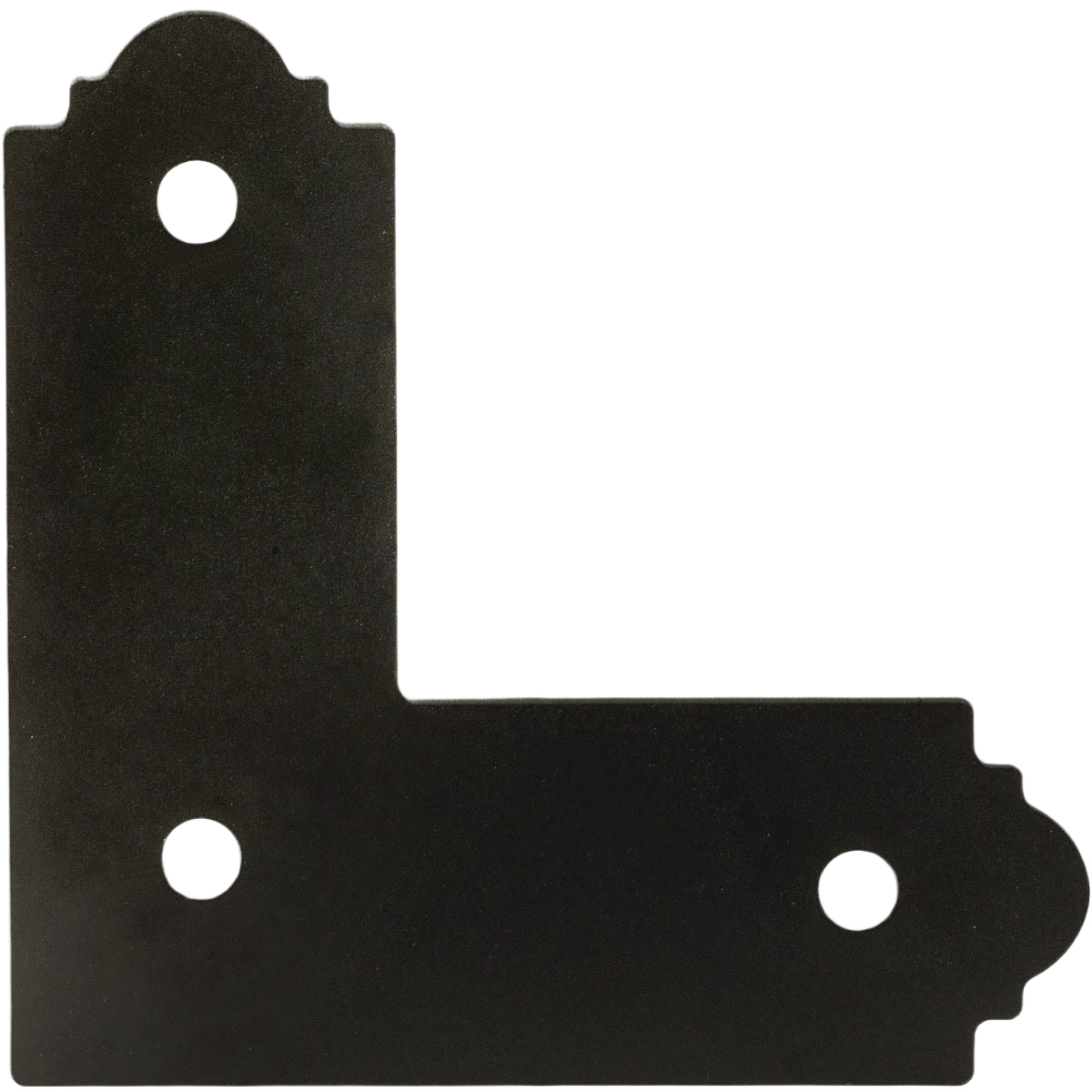 Black flat L-shaped metal strap tie with three holes for wood framing support in lumber and building materials collections