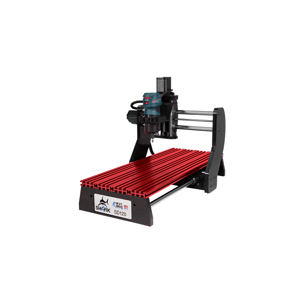 Small CNC router with red aluminum work surface and black frame ideal for precise home improvement and tool projects