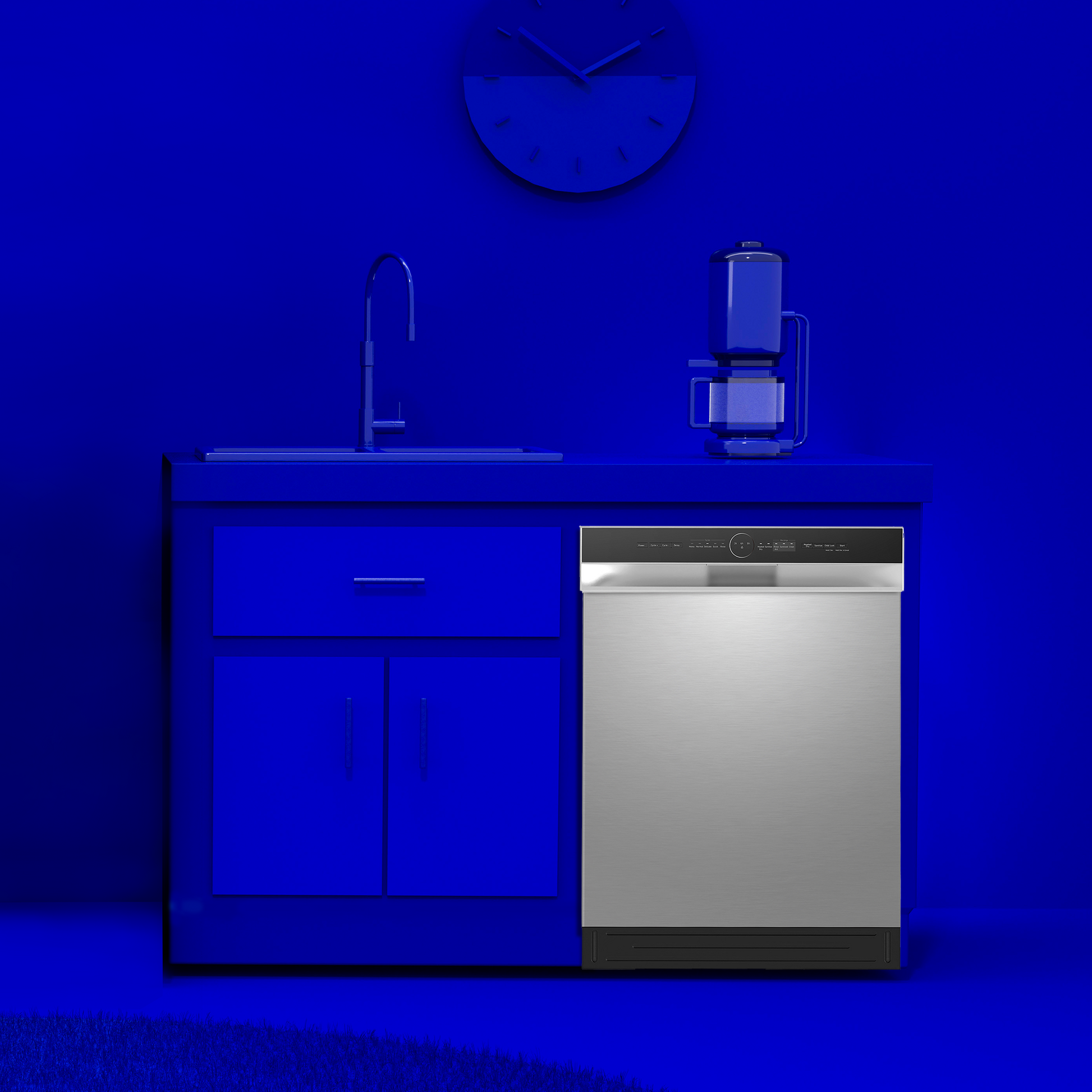 Built-in stainless steel front control dishwasher integrated next to blue kitchen cabinetry in appliances collection