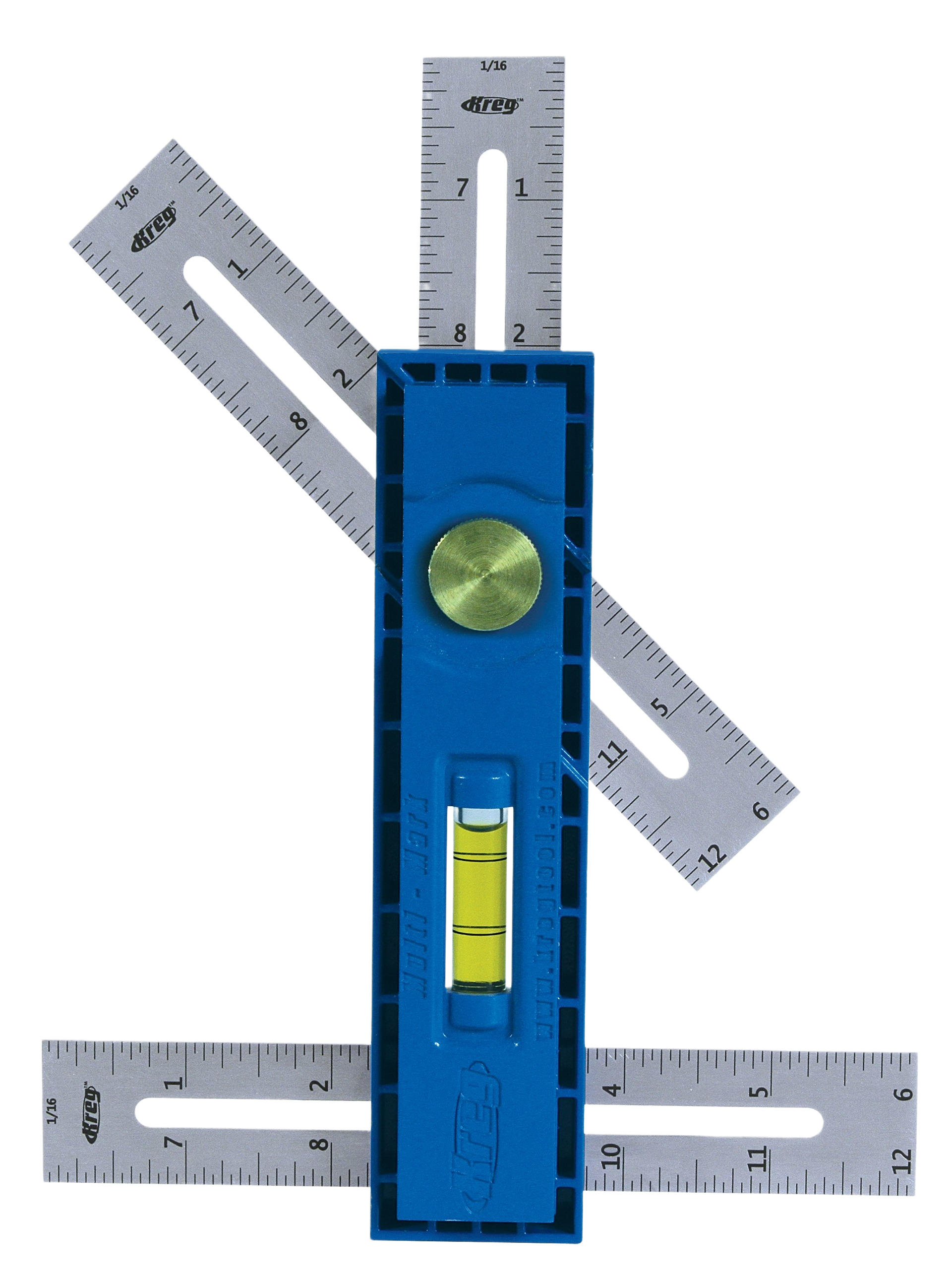 Blue multi-scale measuring and marking tool with level vial for woodworking and hand tool collections under $50