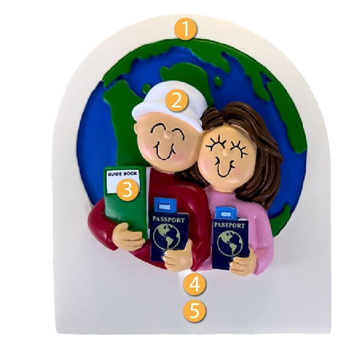 Ornament of a smiling brunette couple holding passports and guidebook in front of globe for Christmas décor under $50 collection