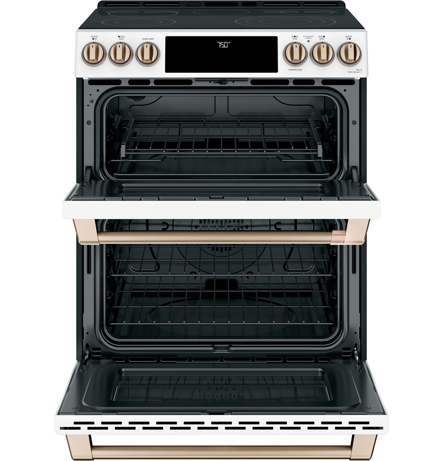 White smart slide-in double oven range with front controls and bronze accents from kitchen appliances collection