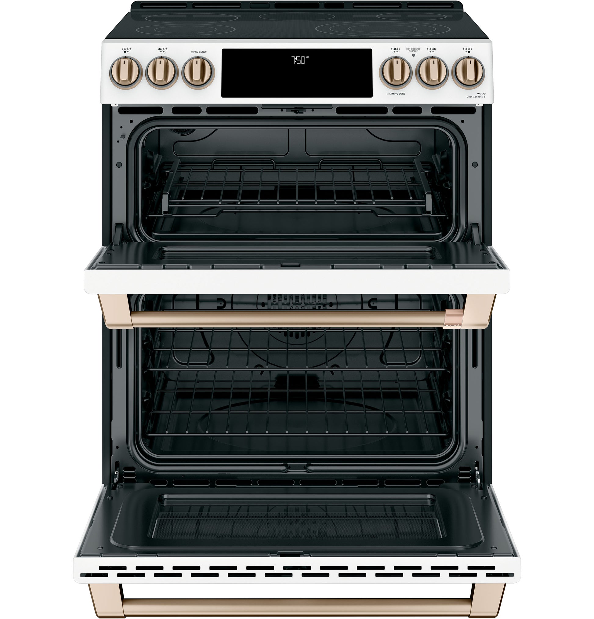 White smart slide-in double oven range with front controls and bronze accents from kitchen appliances collection