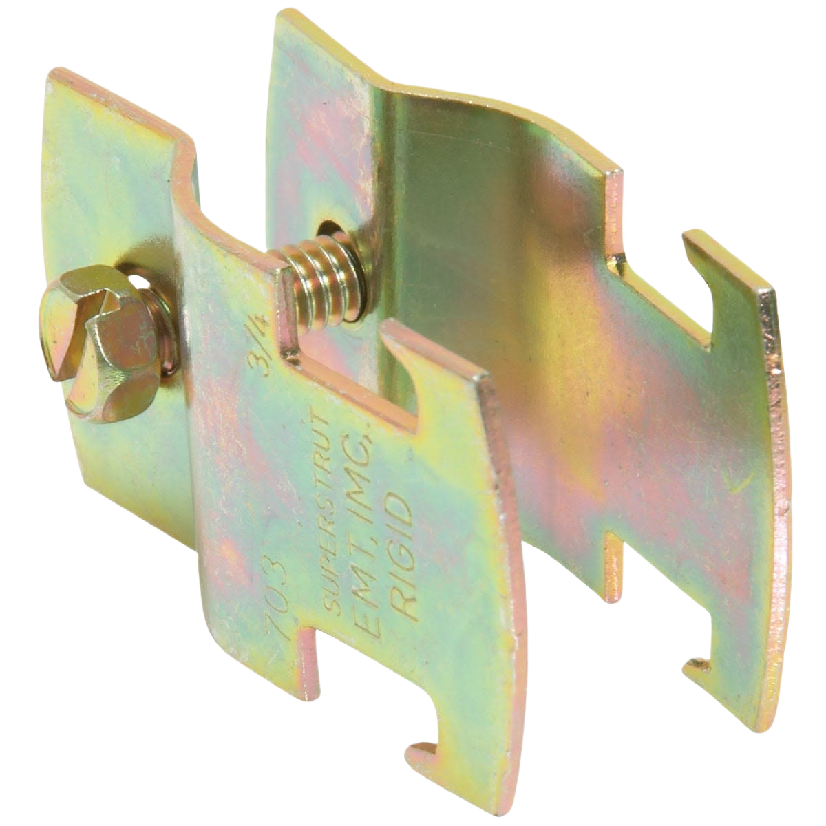 Gold electroplated zinc pipe clamp with screw fastener for electrical conduit support in home improvement projects under $50