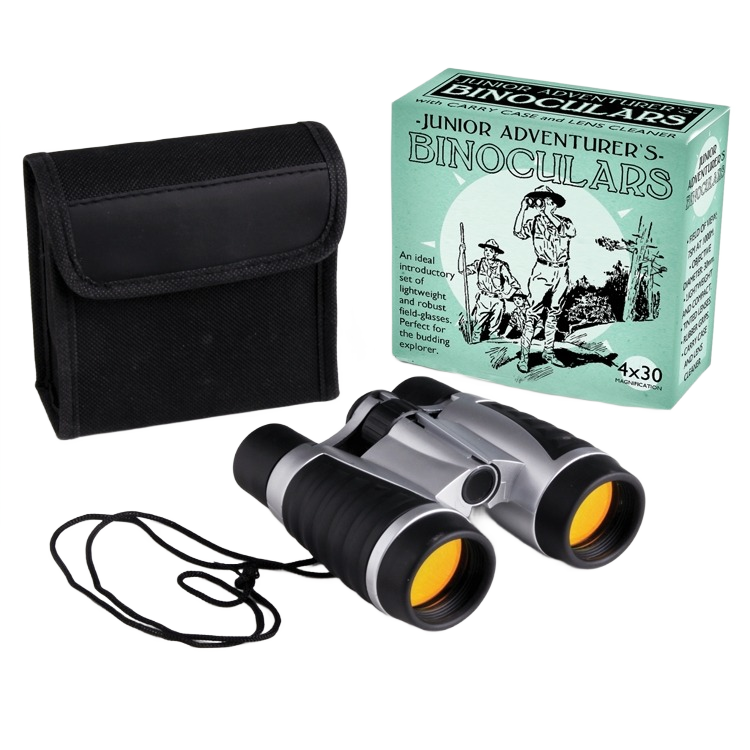 Compact binoculars with orange-tinted lenses, carrying case, and vintage-style box for outdoor exploration and adventure
