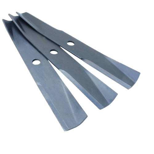 Set of three sharp metal mower blades with central mounting holes for lawn maintenance and home improvement tasks