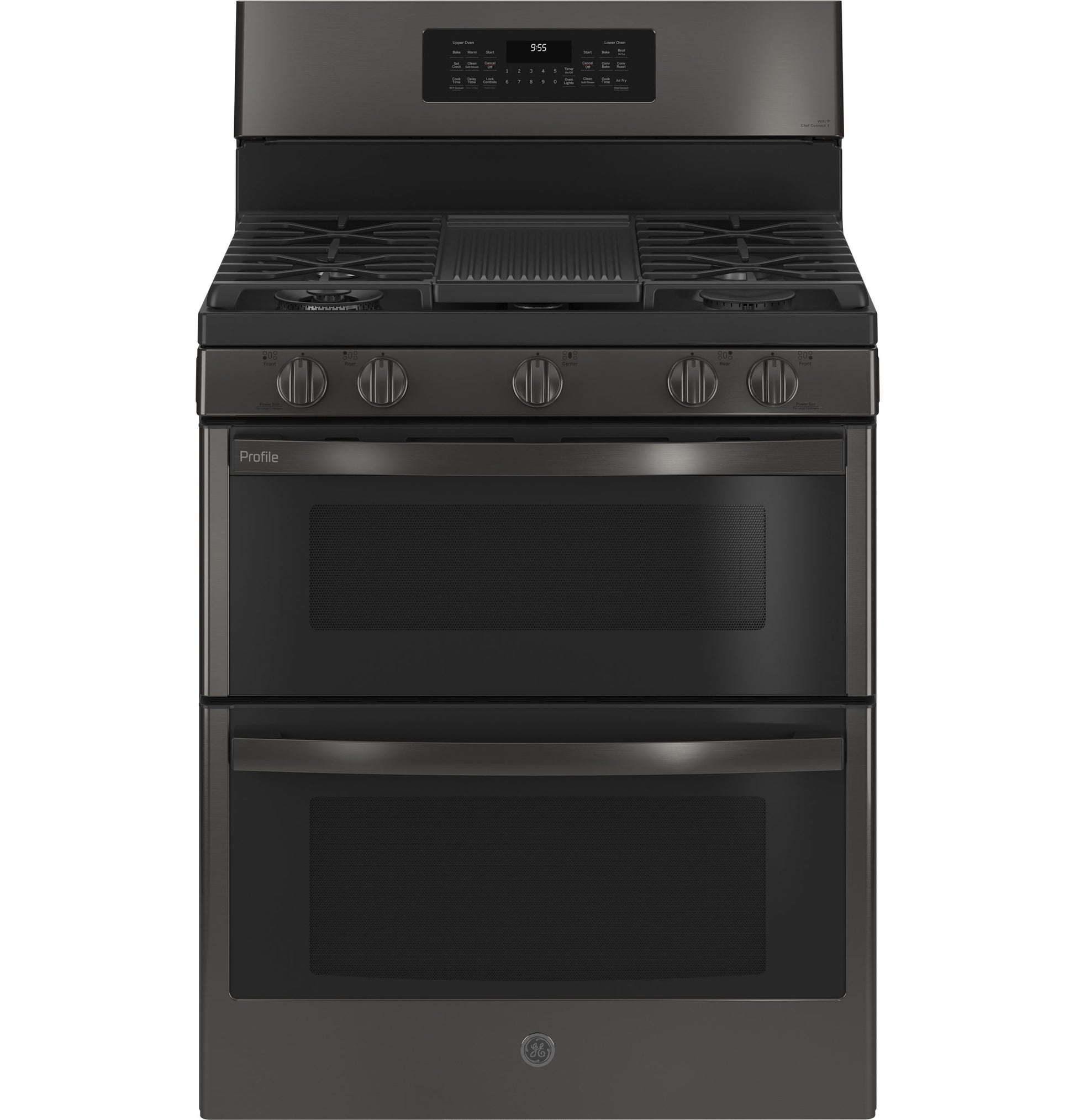 Front view of black GE Profile gas range with double ovens, convection, air fry, and six burners in kitchen appliances collection