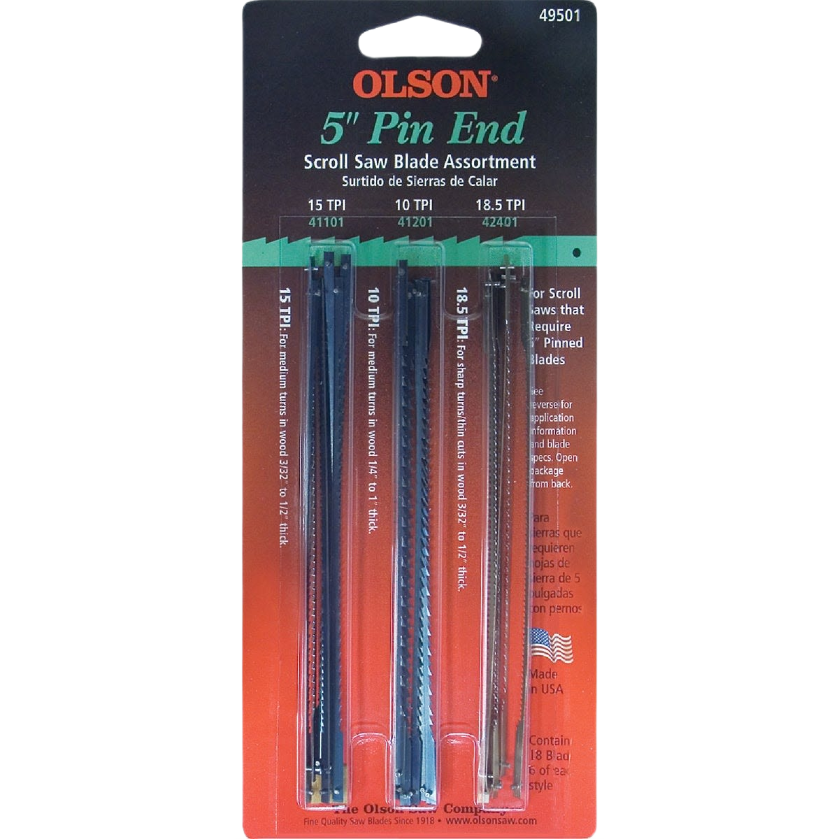 Assortment of 18 Olson 5-inch pin end scroll saw blades with varying TPI for woodworking tool accessories.