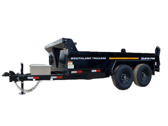 Black tandem axle dump trailer with welded fenders and heavy-duty steel frame for hauling in All Products collection