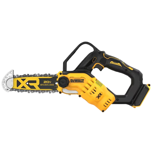 Compact yellow and black cordless brushless pruning chainsaw designed for efficient cutting in tools and home improvement tasks