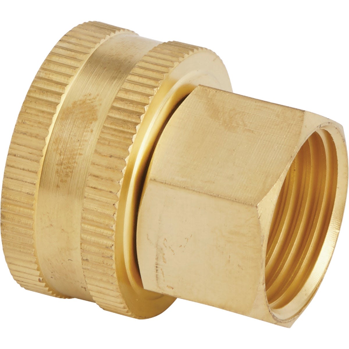 Brass swivel hose connector with 3/4 inch FNH by 1/2 inch FNPT fitting for watering and irrigation use