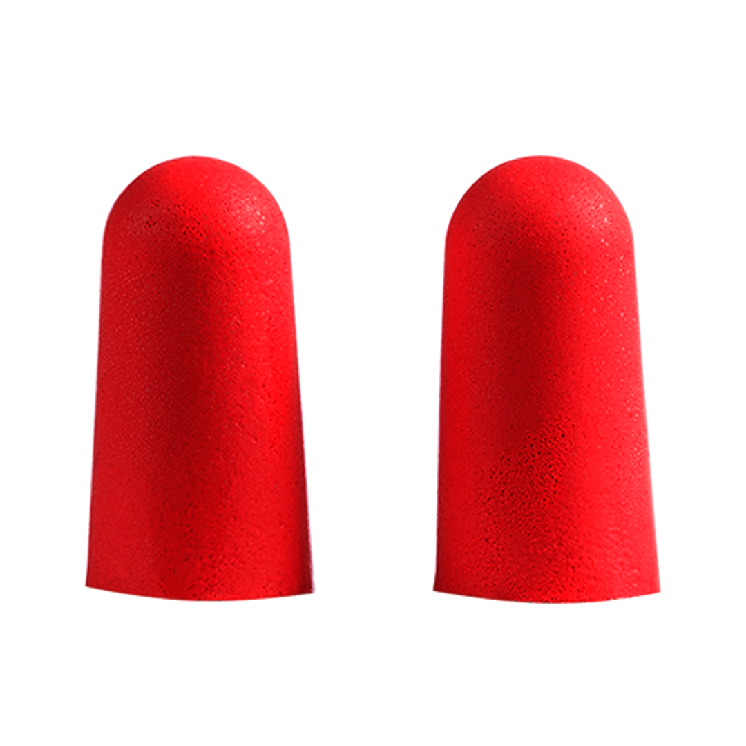 Pair of red foam ear plugs designed for effective hearing protection in safety and hardware collections under $25