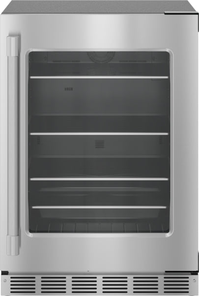 Stainless steel under-counter refrigerator with glass door, right hinge, and adjustable shelves for kitchen use