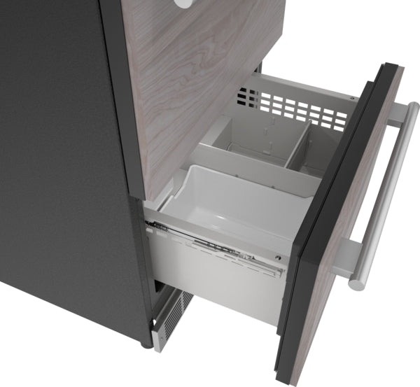 Under counter combo drawer refrigerator and freezer with panel-ready wood finish and stainless steel handle from Thermador collection