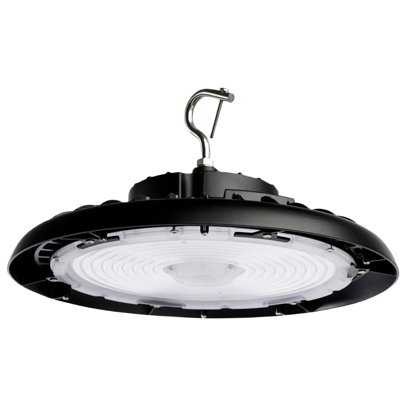 Black UFO-style LED high bay light fixture with metal hook for industrial and home improvement lighting applications