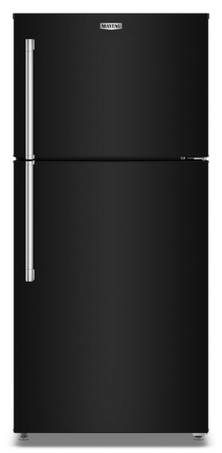 Matte black top-freezer refrigerator with vertical stainless steel handles for kitchen and home improvement use
