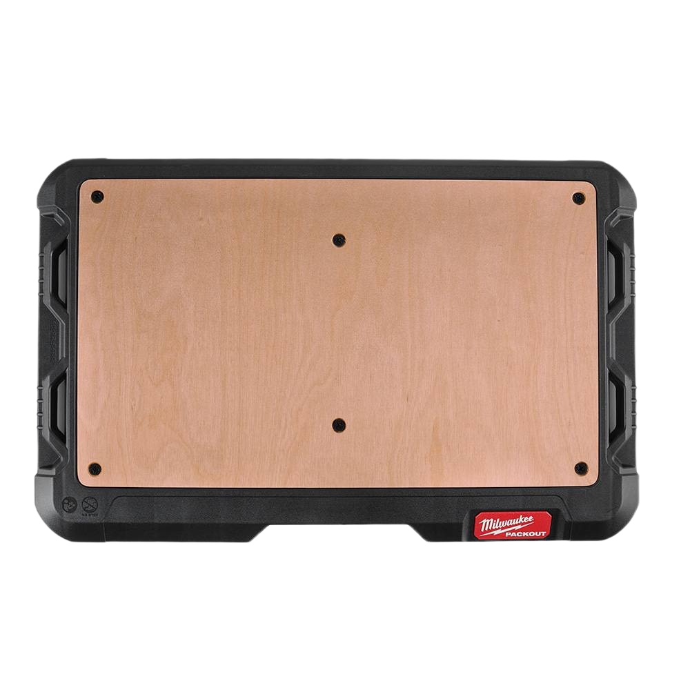 Portable work surface with 1/2” marine grade wood top and impact-resistant polymer frame for workshop organization and tool storage