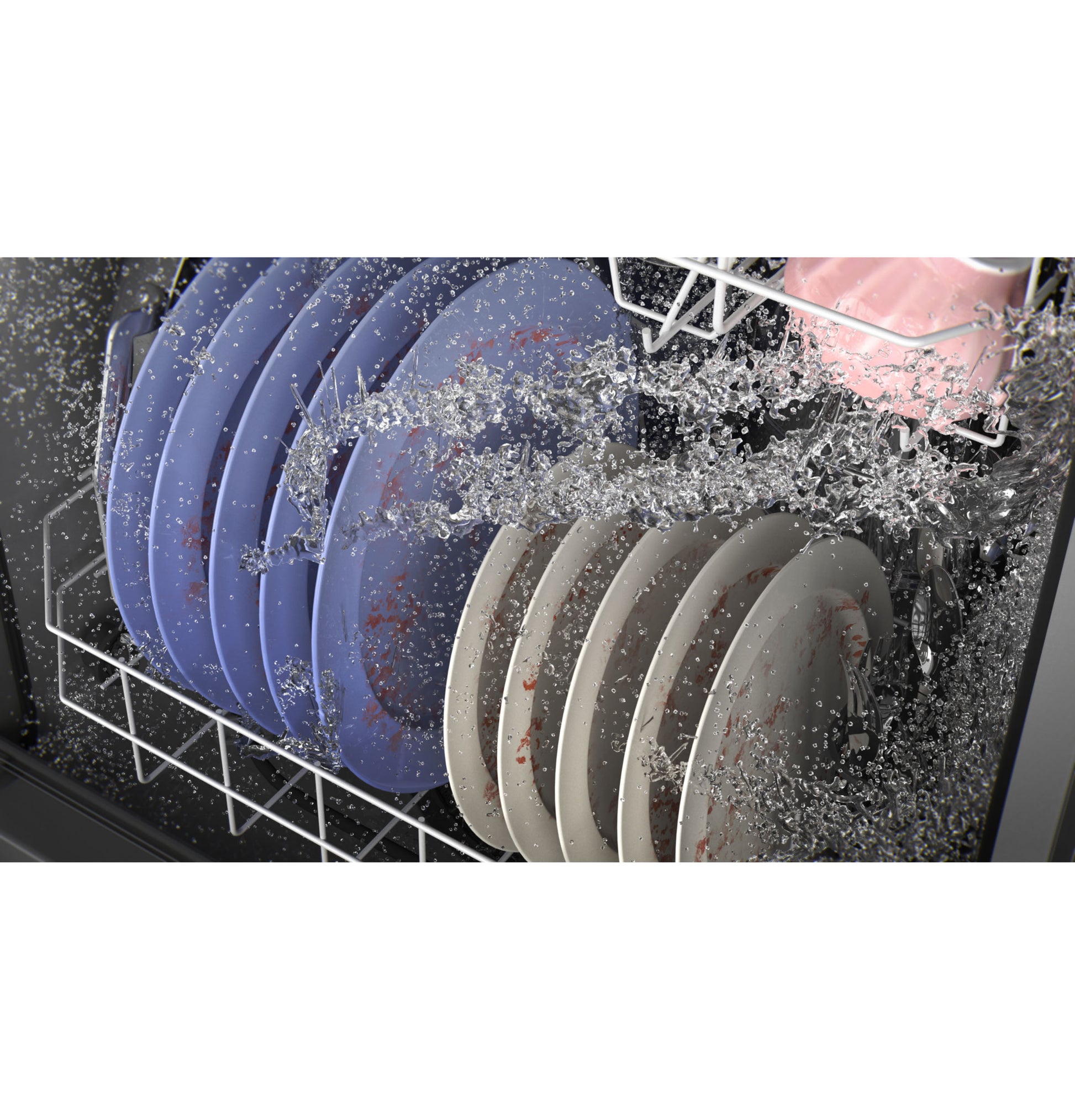 Water spraying on blue and white plates inside open dishwasher from kitchen and appliance collection