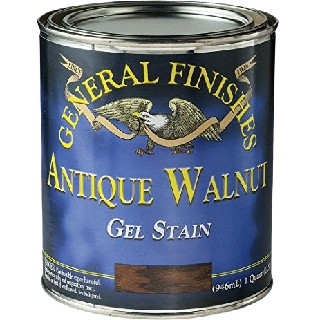 Blue can of General Finishes antique walnut gel stain for wood finishing in interior stains and wood finishing collections