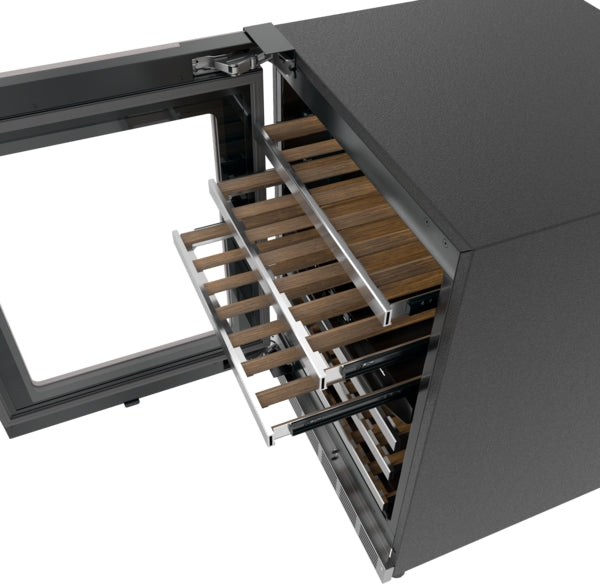 Under counter wine cooler with glass door, wooden racks, and panel-ready design for kitchen and appliance collections