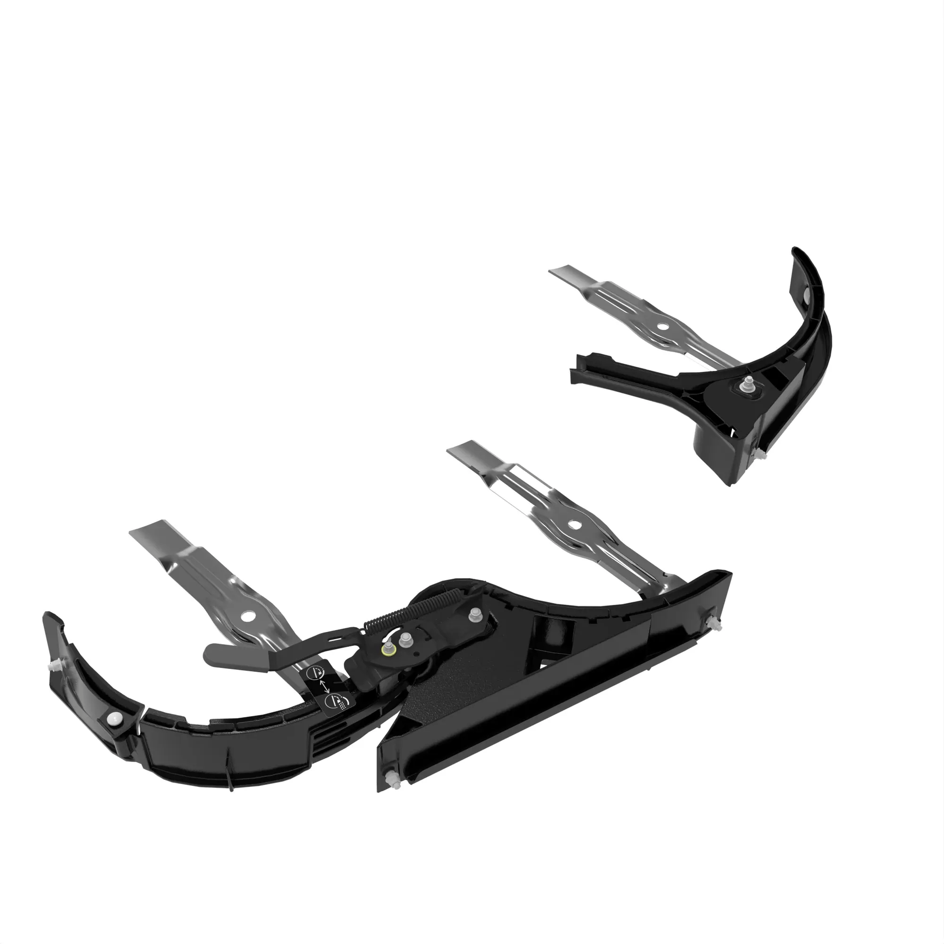Black metal and plastic components of a mowing grass mulch control kit for John Deere parts and automotive tools collection