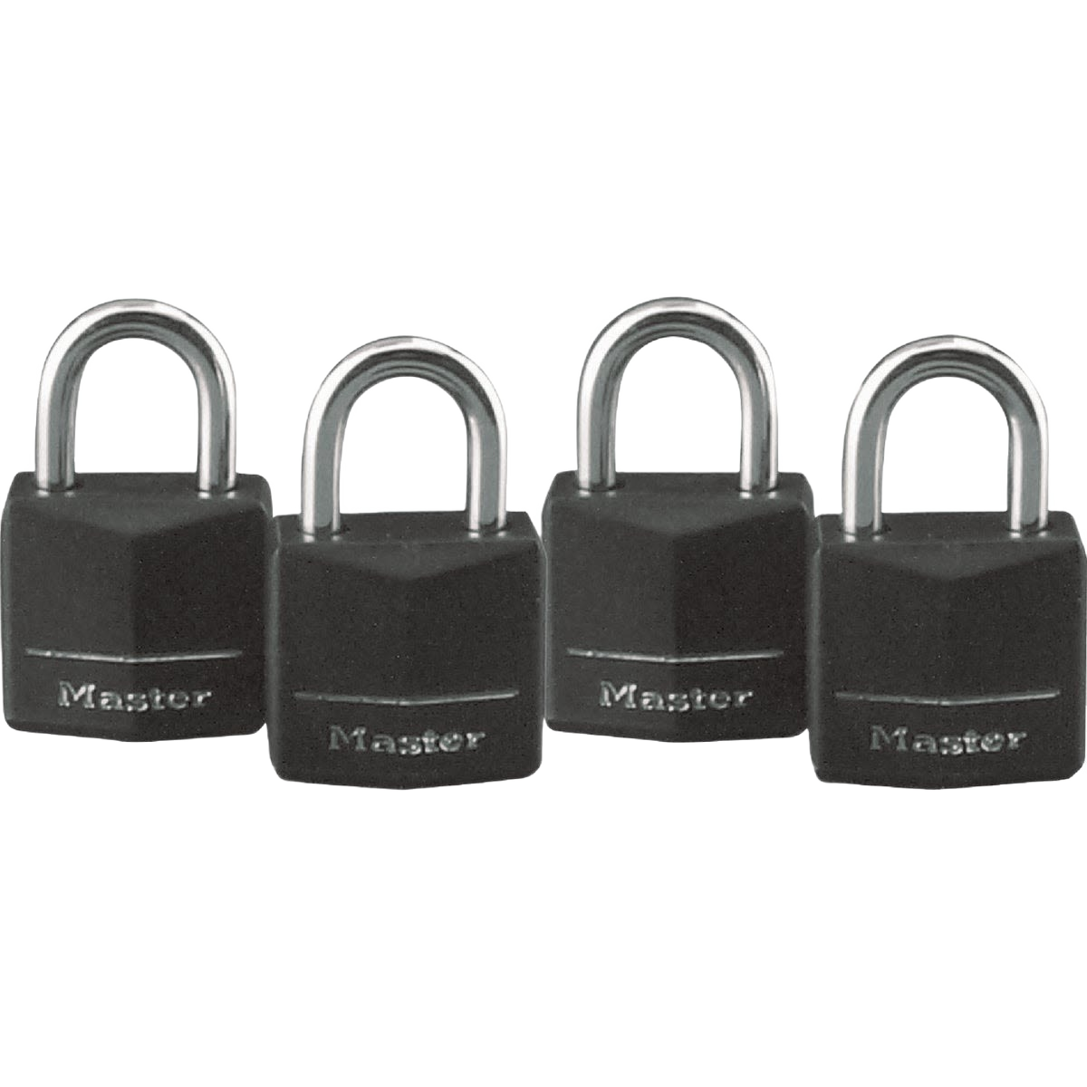 Set of four black vinyl-covered padlocks with hardened steel shackles for secure fastening in home improvement projects