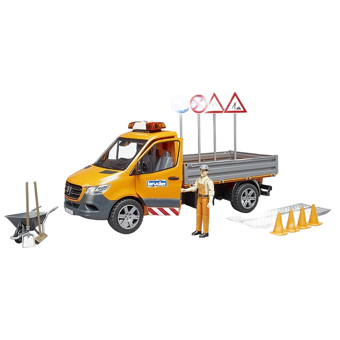 Yellow municipal utility vehicle toy with construction worker figure, road signs, safety cones, and tools for play and display