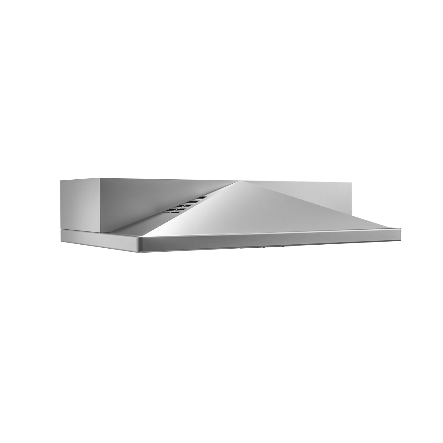 Sleek stainless steel pyramid-shaped under cabinet hood with built-in LED lighting for kitchen ventilation and home improvement