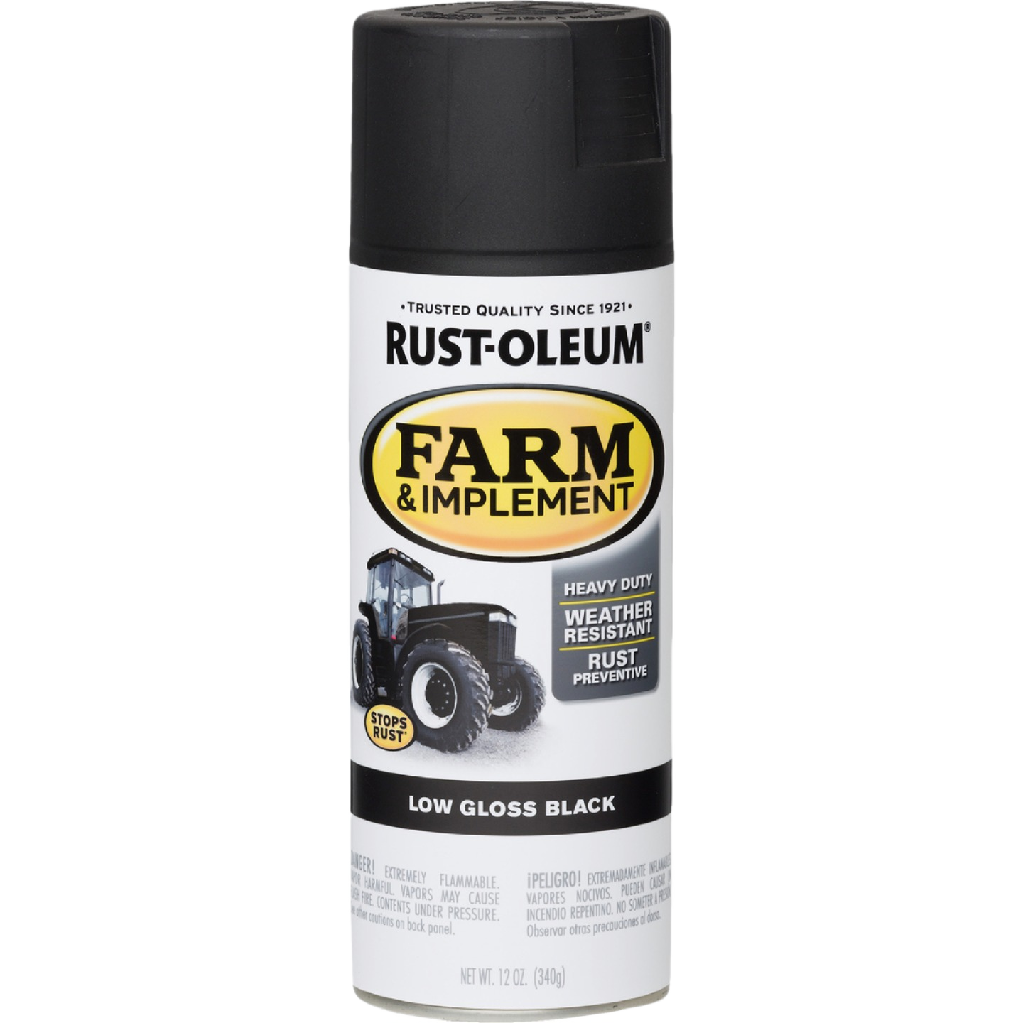 Can of low gloss black spray paint for farm equipment protection in Rust Oleum spray paint and home improvement collections
