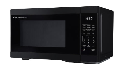 Black compact countertop microwave oven with digital display, numeric keypad, and convenient preset cooking buttons from Kitchenware collection