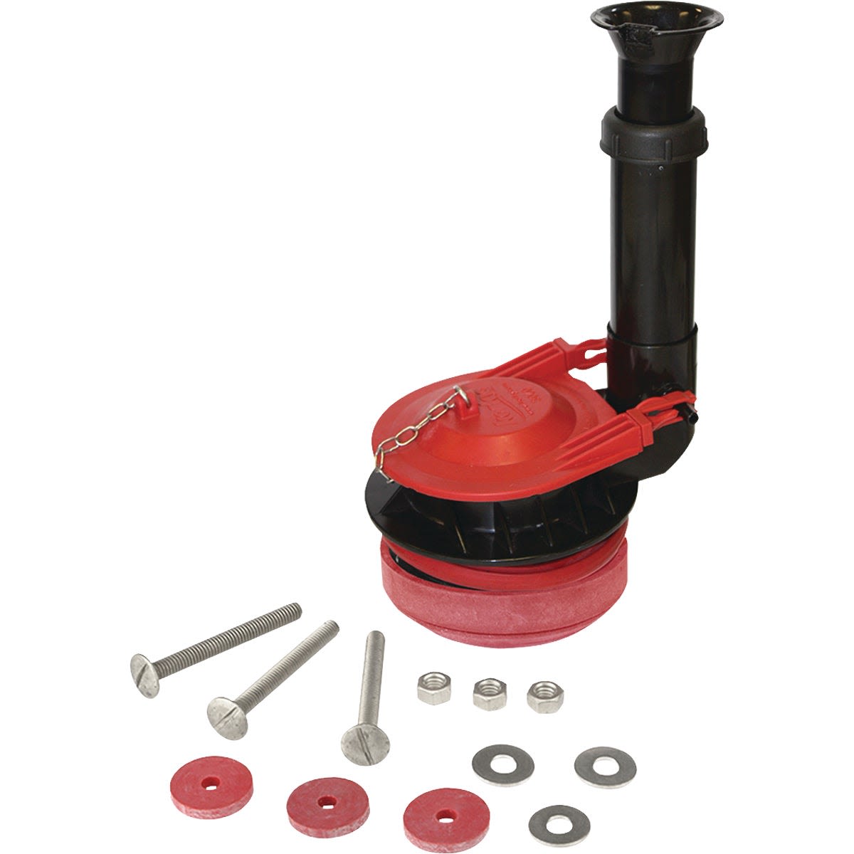 Red and black adjustable flush valve kit with bolts, washers, and nuts for plumbing and toilet repair parts collection