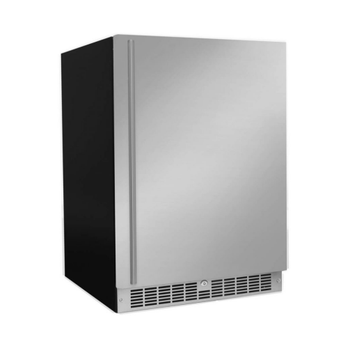 Built-in stainless steel wine cellar with ergonomic handle, seamless door, and black cabinet in kitchen appliances collection