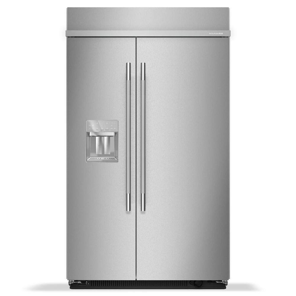 Built-in stainless steel side-by-side refrigerator with exterior water and ice dispenser from KitchenAid Appliances collection