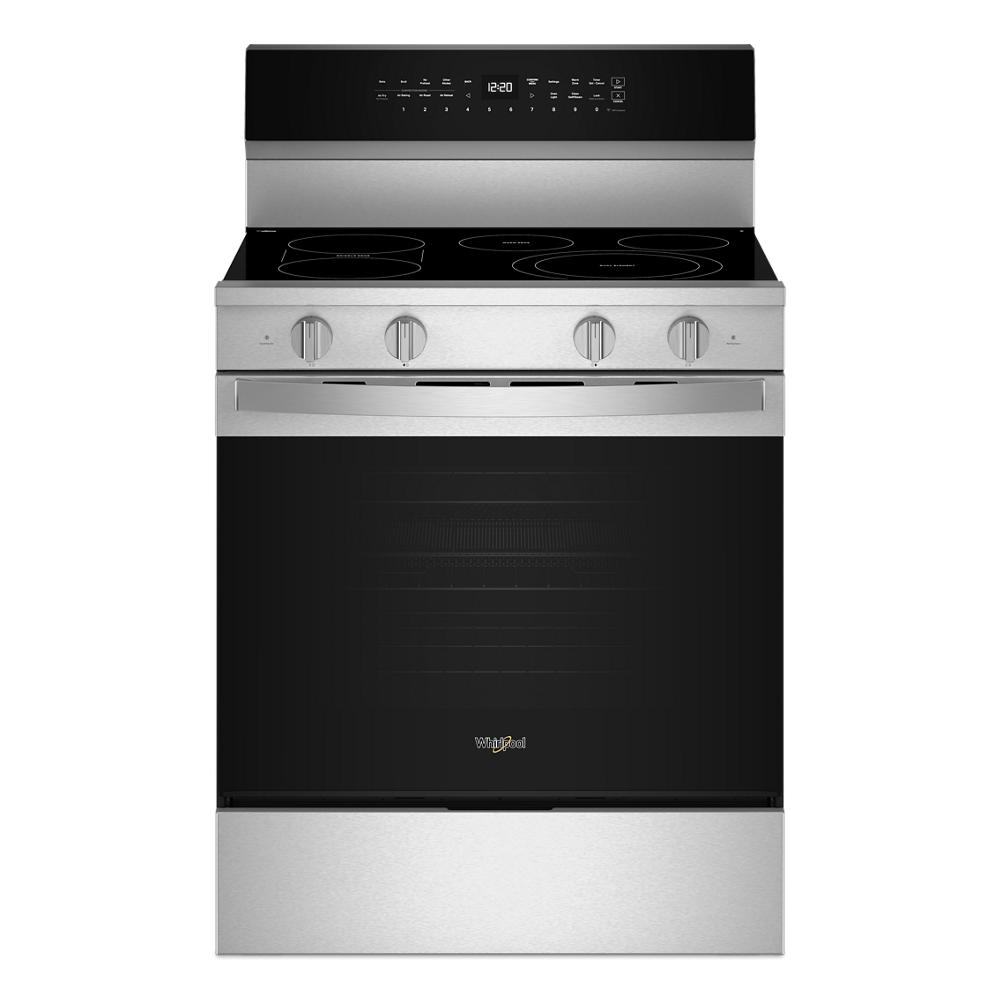 Modern stainless steel electric range with smooth cooktop, digital control panel, and four burner knobs from kitchen appliances collection