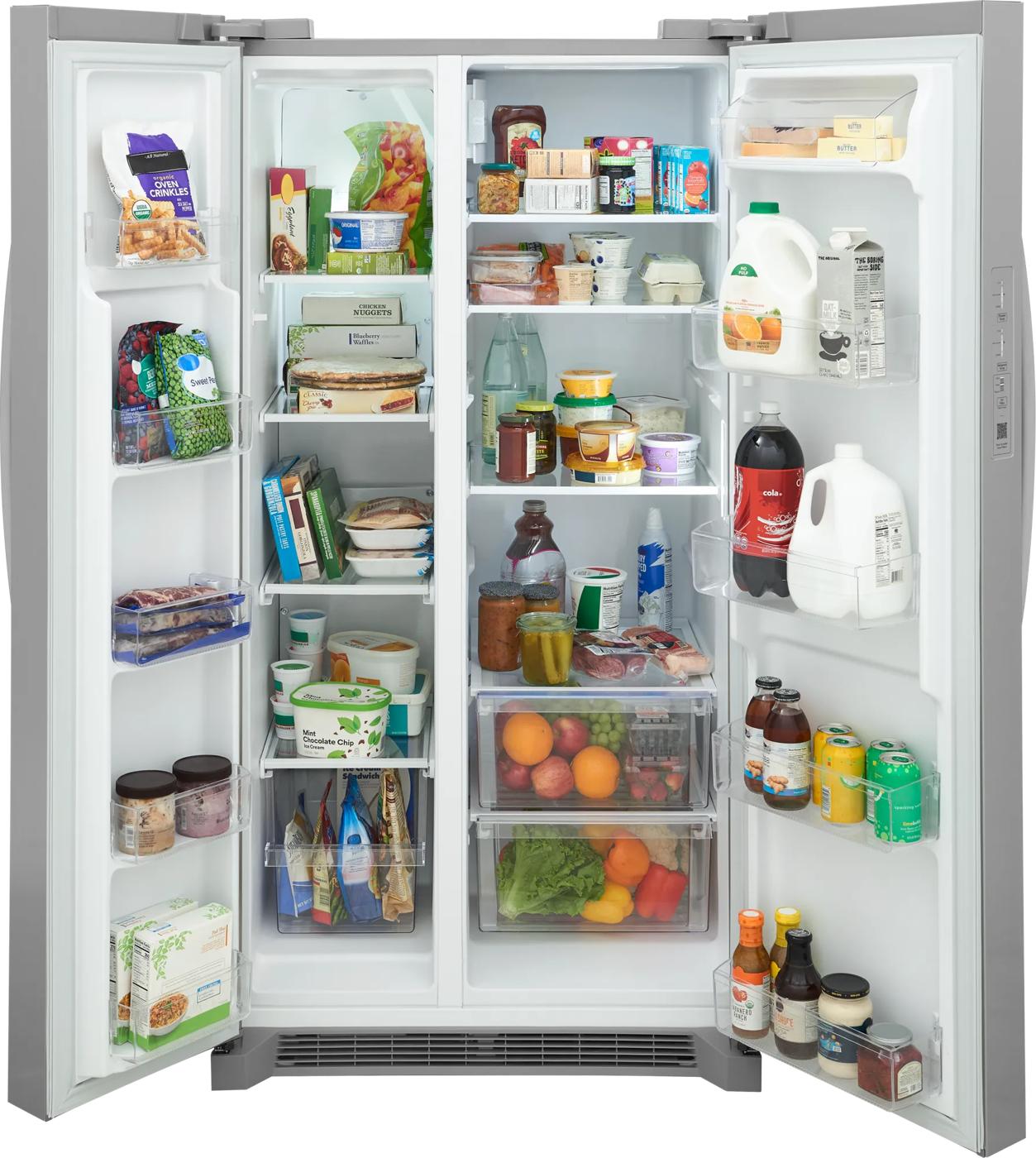 Open stainless steel side-by-side refrigerator filled with various groceries and fresh produce, part of Side-by-Side Refrigerators, Refrigerators, Kitchen & Kitchenware, All Products, and Appliances collections.