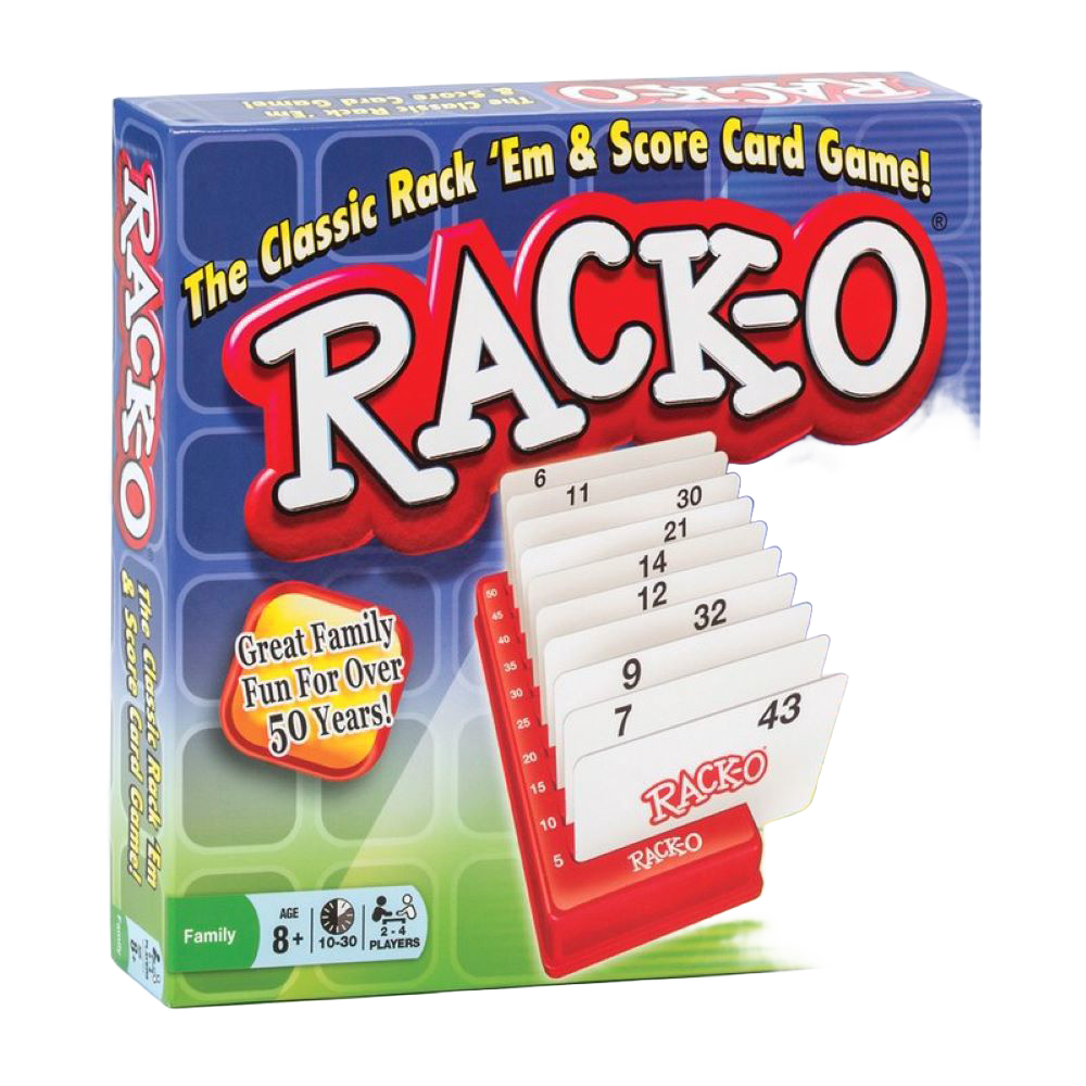 Box of classic Rack-O card game with numbered cards in red plastic holder, part of Toys & Games under $50 collection