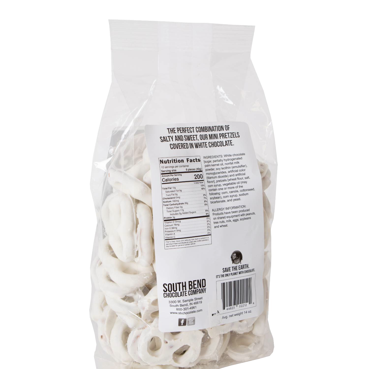 Clear bag of mini pretzels coated in smooth white chocolate from Chips & Snacks and Food & Beverage collections under $50