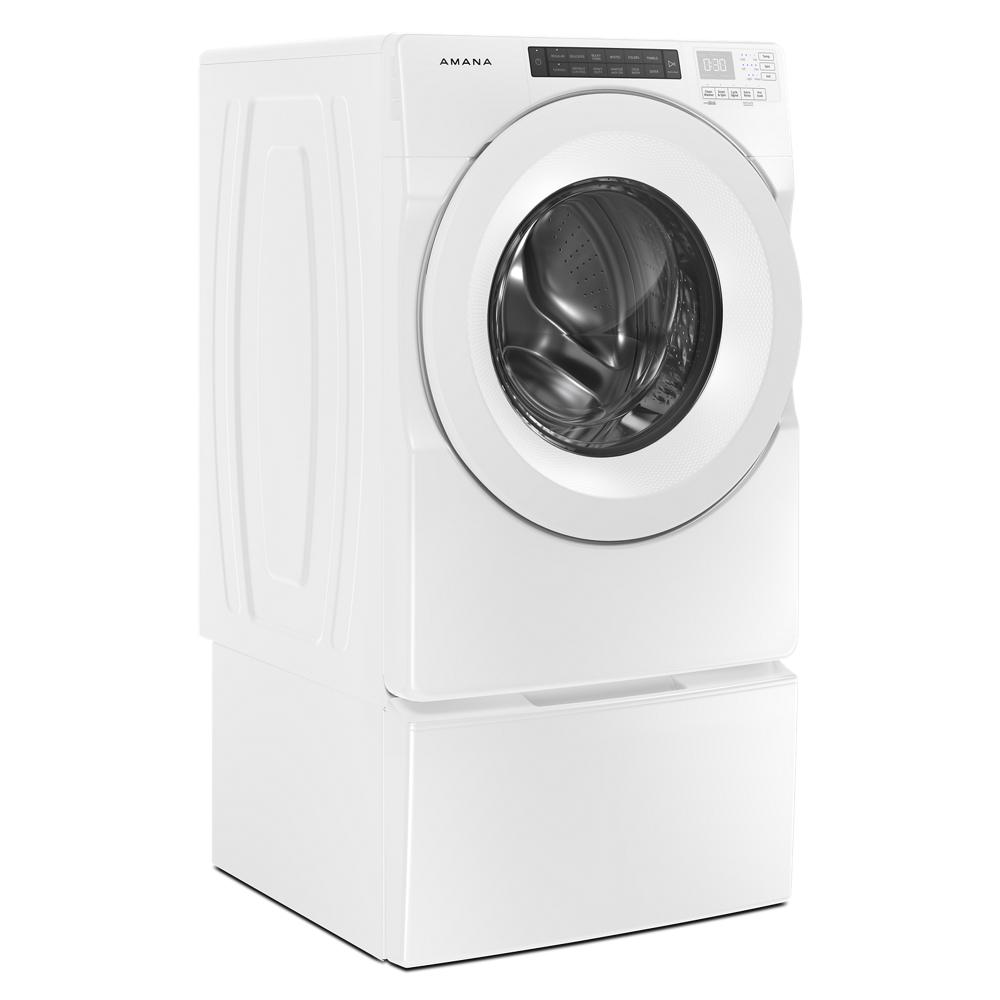 White front load washing machine elevated on a white pedestal with storage in Appliance Parts & Accessories collection