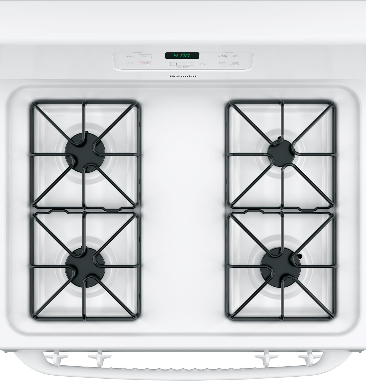 Top view of white four-burner gas cooktop with digital timer and black grates from ranges and kitchenware collections