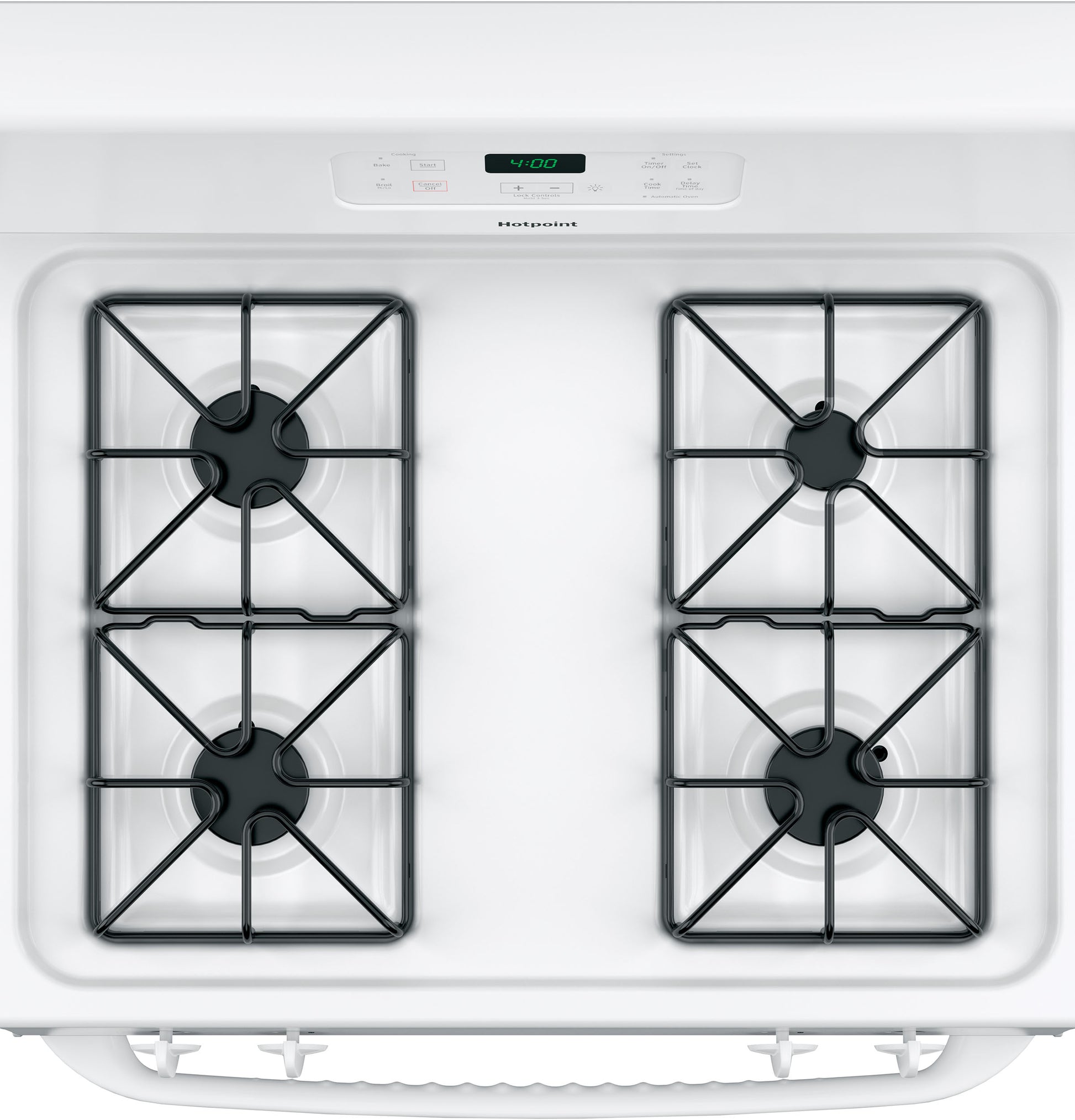Top view of white four-burner gas cooktop with digital timer and black grates from ranges and kitchenware collections