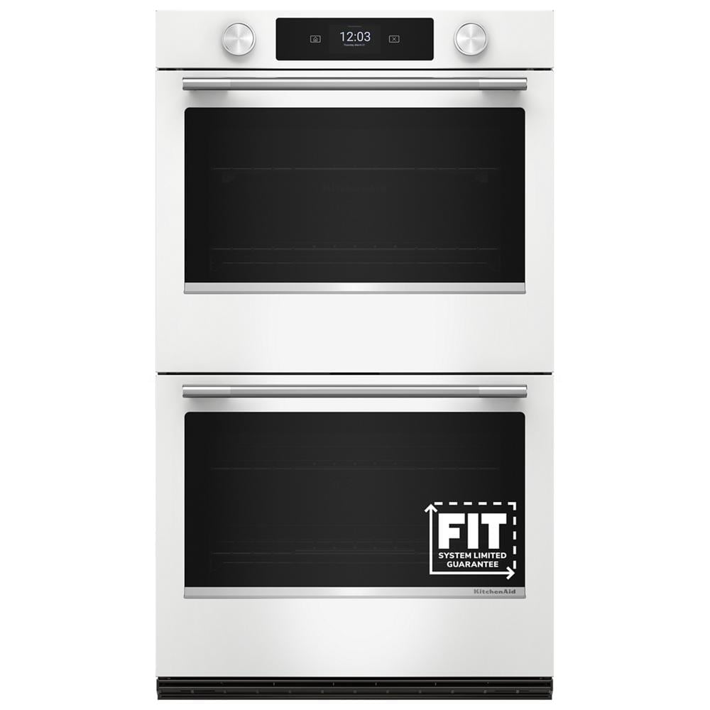White 30-inch smart electric double wall oven with LED touchscreen, backlit knobs, and stainless handles from KitchenAid Appliances