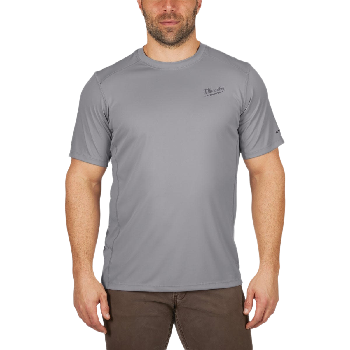 Man wearing a gray lightweight performance shirt designed for comfort during tools and home improvement tasks